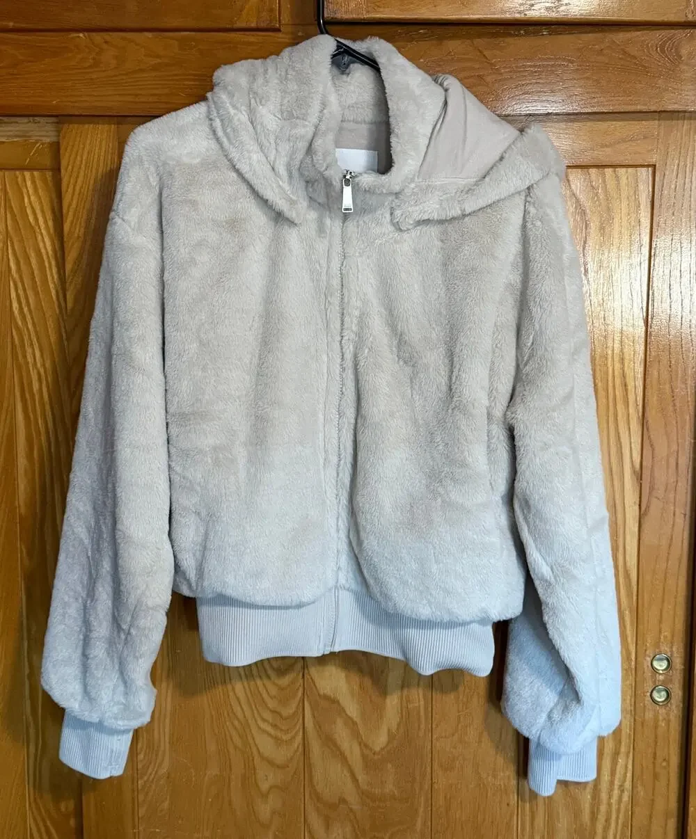 DKNY Sport Faux Fur Cream Hooded Bomber Jacket - Size XL
